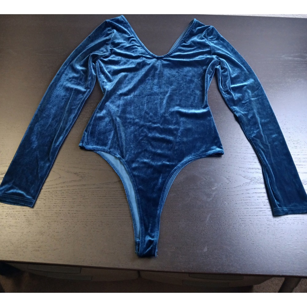 90s Open Edit Women's Teal Blue Velvet Long Sleeve V-Neck Thong Bodysuit Size S